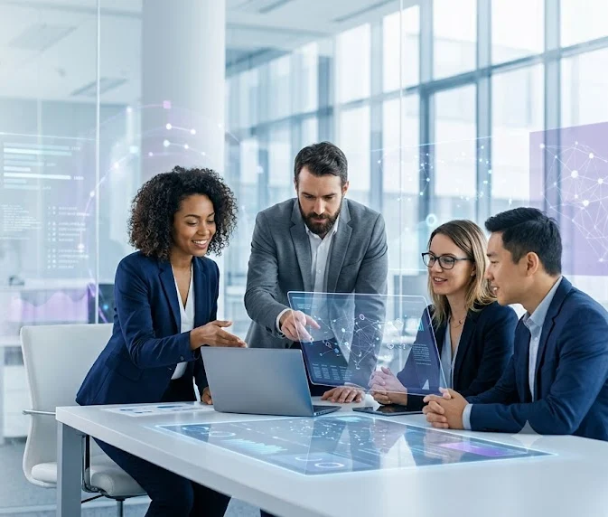 A team collaborating around a table in a bright modern office
